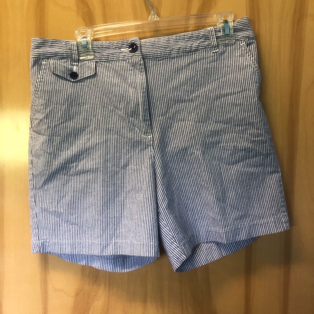 Women’s Blue and White Striped Seersucker Bermuda Shorts
